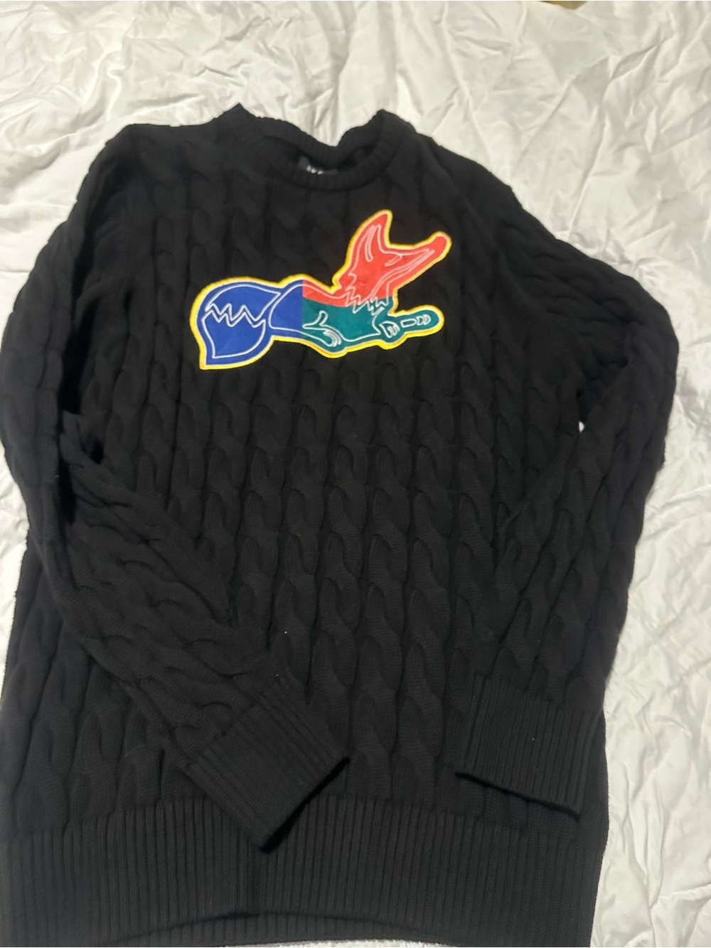 Akoo Black Cable-Knit Crewneck with Multicolor Crocodile Patch